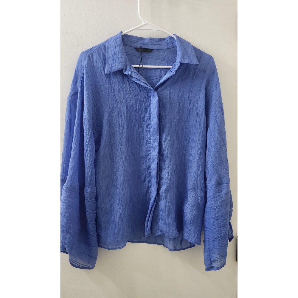 Zara Womens Blue Crinkle Textured Tie Cuff Button Down Shirt 2648/541/400/M